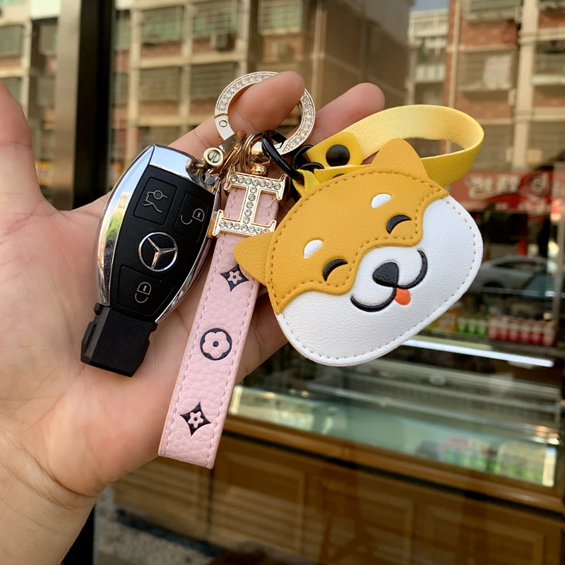 创意卡通动物皮革挂件轻奢风镶钻皮质钥匙扣ins时尚情侣包包挂件