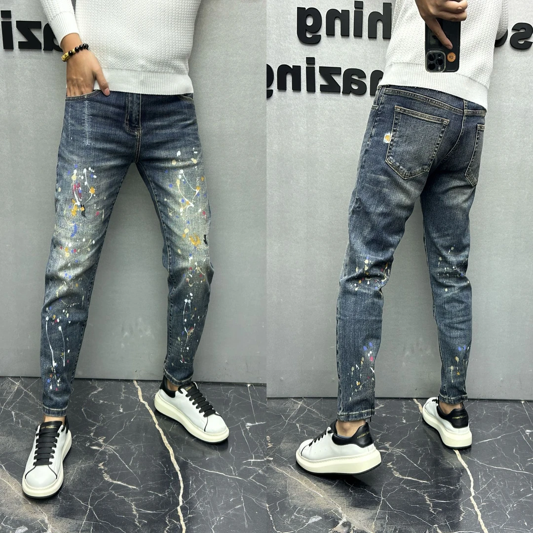 欧货重工艺甩漆泼墨男士牛仔裤时尚休闲痞帅小脚潮流弹力秋季个性