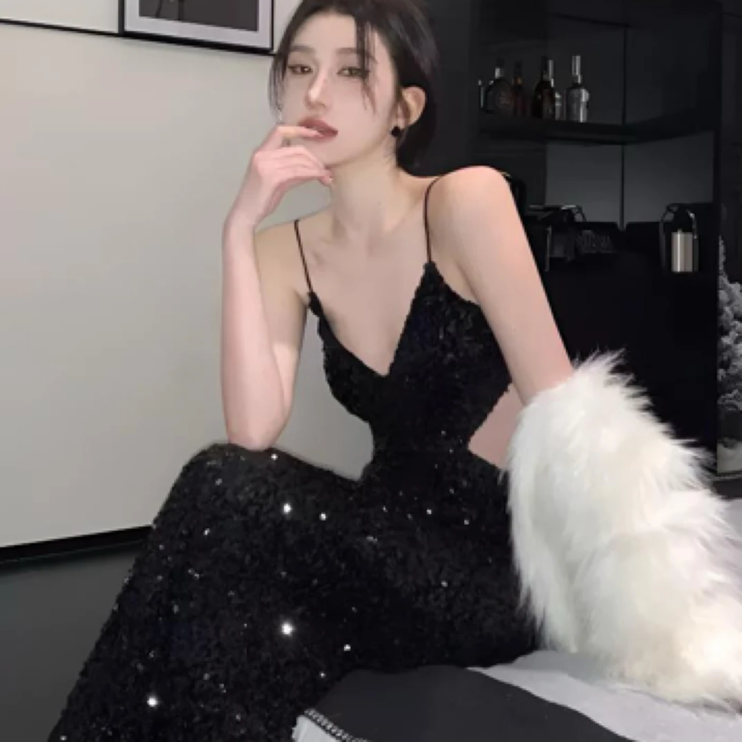 黑色性感亮片吊带晚礼服高级感party宴会（达人专属）