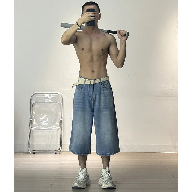 潮人专属夏季美式潮牌浅蓝七分牛仔裤男女直筒宽松阔腿裤休闲中裤