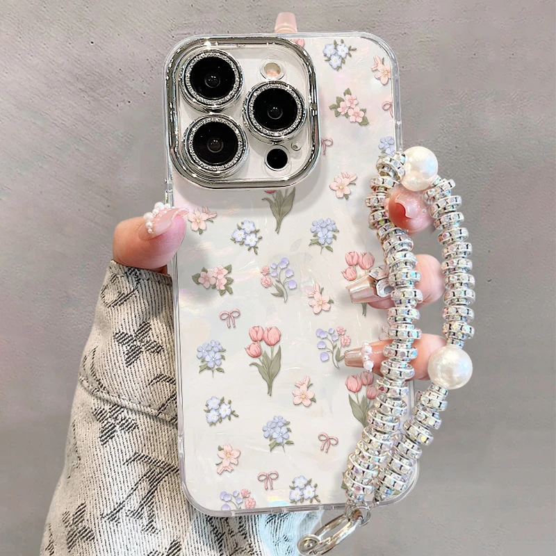 适用苹果15贝壳纹手机壳iphone14pro郁金香花朵手链12清新手机套