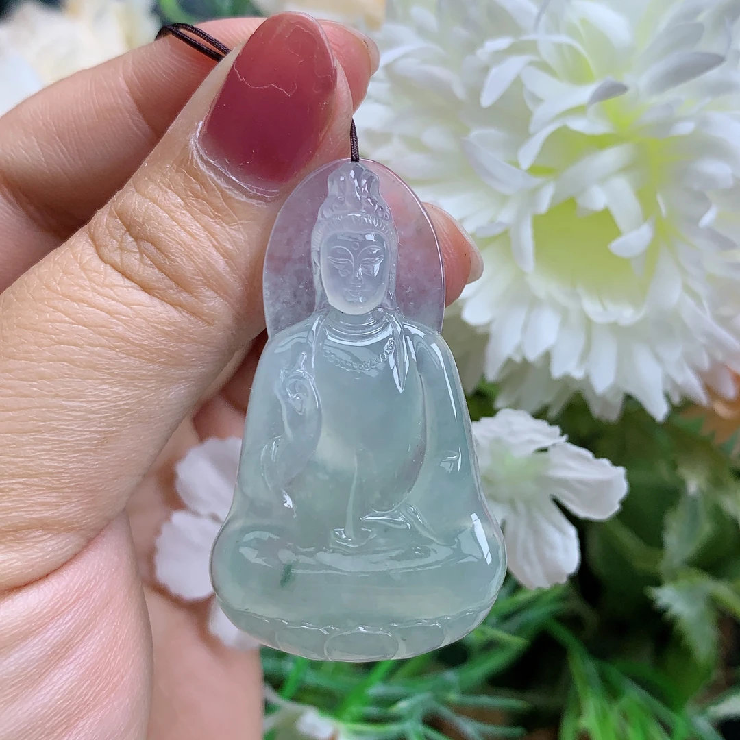 缅甸天然翡翠A货冰种起光底色素衣观音吊坠木尺寸45.3/27/5.4mm