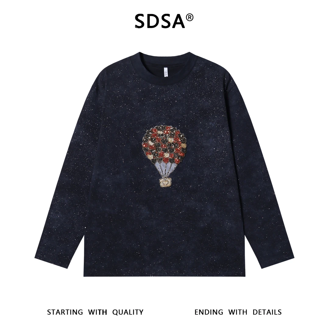 SDSA男士秋冬新款痞帅男装设计感满天星珠子热气球圆领长袖T恤潮