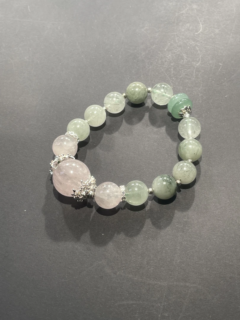 石英质-天然绿发晶+粉晶手链S109