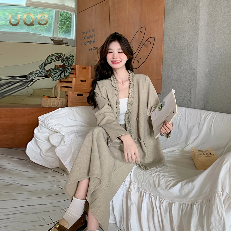 UQS卡其色高级感两件套套装2025秋季新款韩系ins风气质西装套装裙
