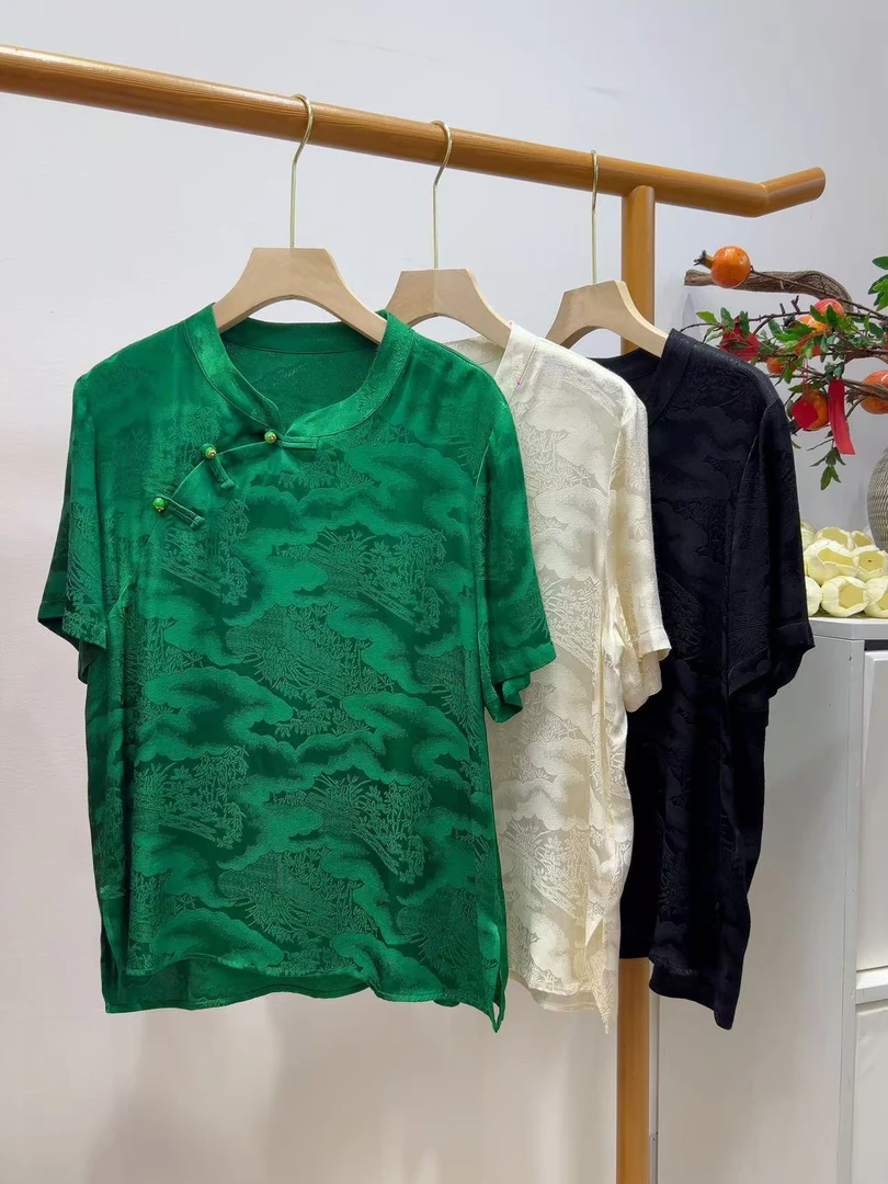 新中式低立领斜襟玉石扣百搭套头真丝提花短袖衬衫