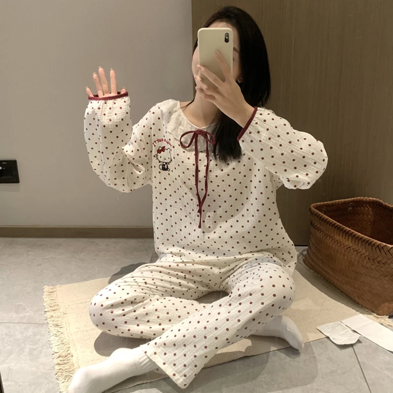 2025春秋季新款婴儿棉纱睡衣女士甜美波点凯蒂猫家居服长袖两件套