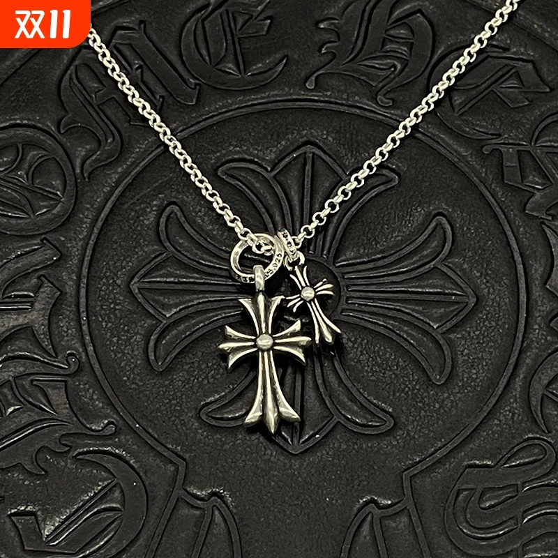 克罗心双十字架项链男女欧美嘻哈个性十字架吊坠经典复古做旧