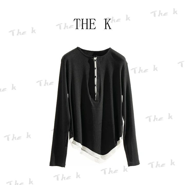 THE K「黑白键」设计师黑色休闲V领拼色气质春季开叉长袖T恤