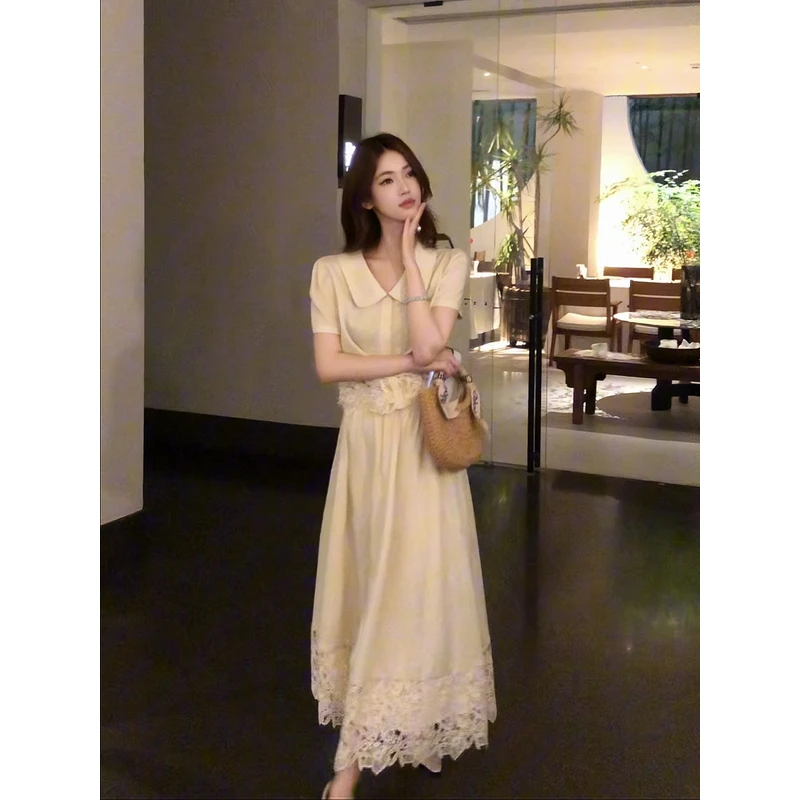 【蕾娜佳人】夏季新品设计感拼接蕾丝短袖上衣+大摆长裙套装TT1317