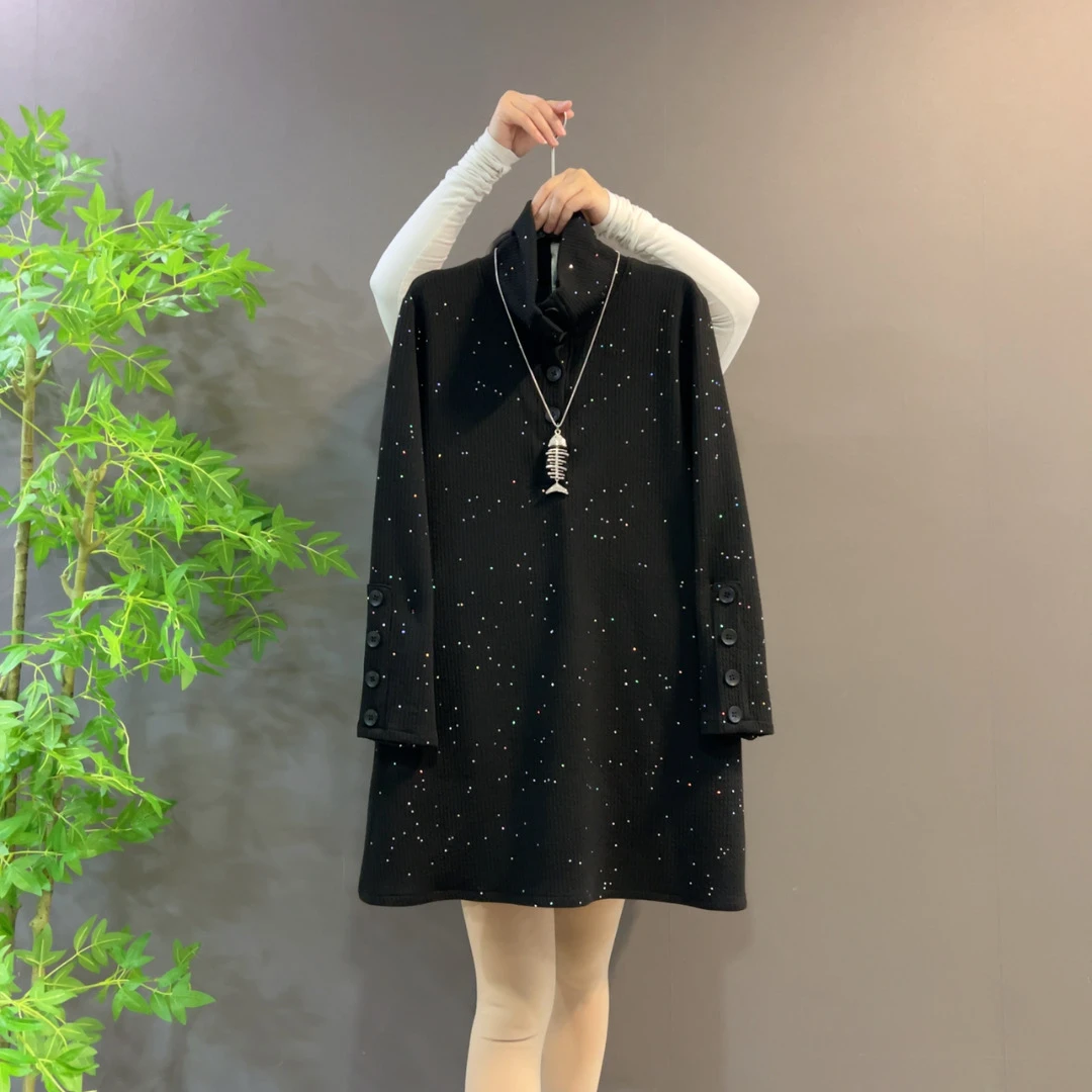 9201欧货时尚纽扣计师感撒银显瘦韩版减龄长袖中长款大码连衣裙