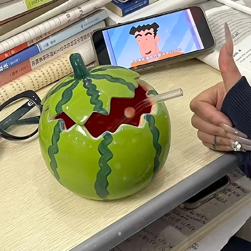 现货西瓜杯子陶瓷杯带盖马克杯大容量水杯可爱夏日饮品杯高颜值