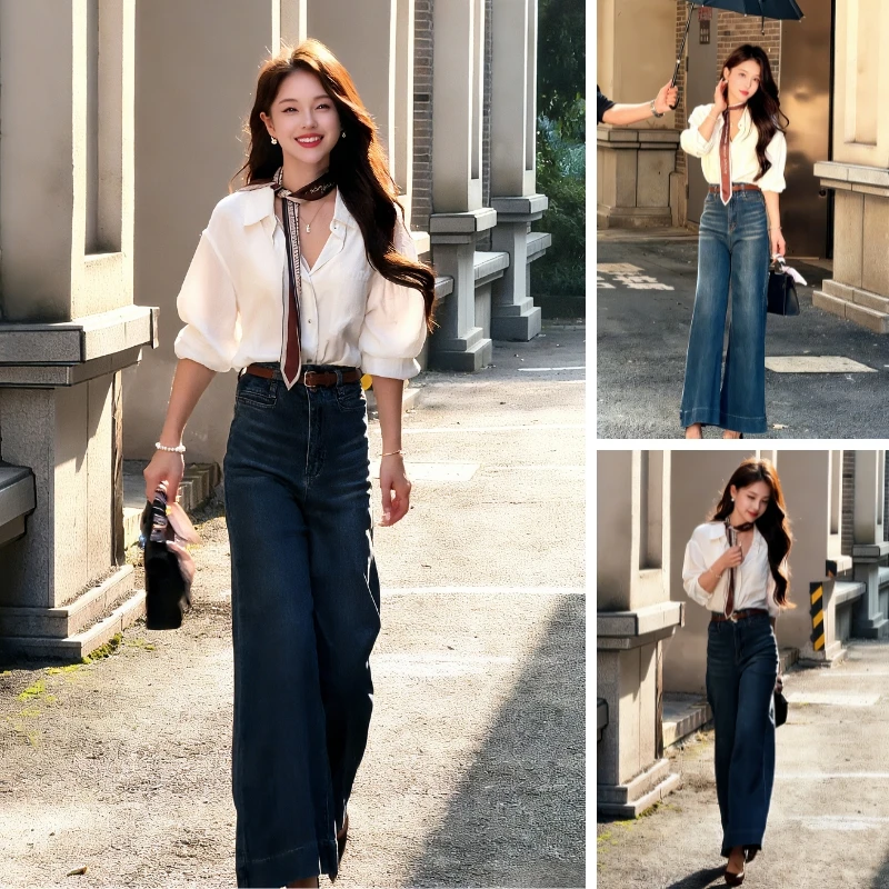 超火秋冬季穿搭一整套女2025新款韩版时尚飘带衬衫牛仔喇叭裤套装