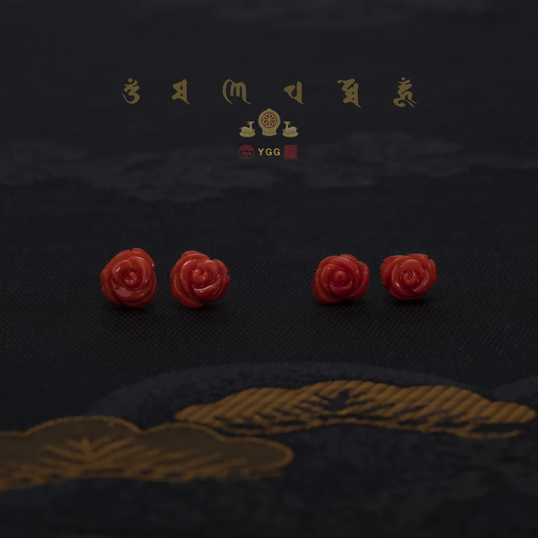 【深海玫瑰浪漫】红珊瑚手雕玫瑰花金耳钉/FXIDW15(多样性发其一)