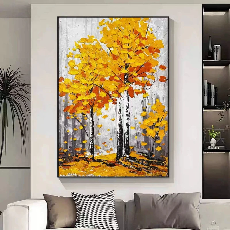 手绘高端砂岩入户玄关黄金树厚肌理油画黄金树80120