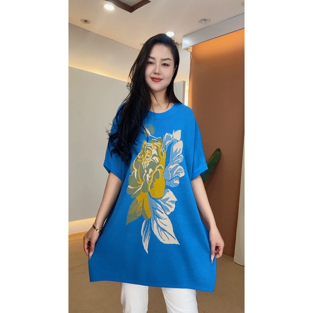 蓝色夏季宽松印花时尚立体大版设计感复古重磅提花中老年碎花圆领