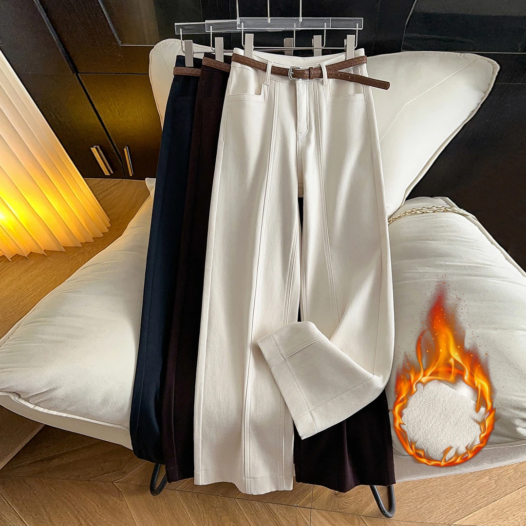 2025秋冬新款韩版时尚气质设计感纯色高腰牛仔裤修身百搭阔腿裤女