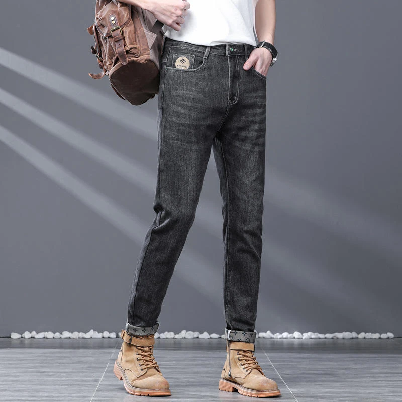 四季款男士牛仔裤印花合体长裤男士韩版潮牌修身小直筒休闲裤男款