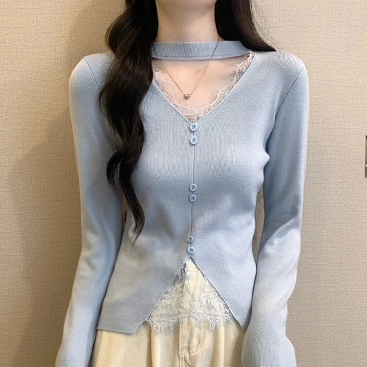 浅灰挂脖短毛衣v领针织衫2025秋冬新款韩版设计感百搭短款打底衫