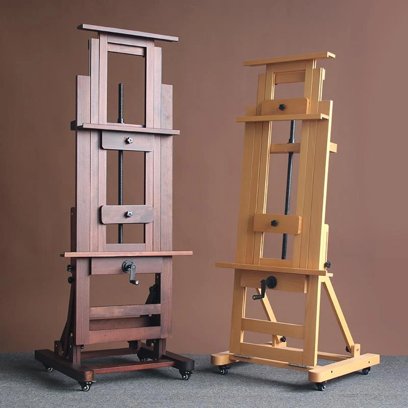 榉木制美术生专用可升降带平放复古式国画油画架落地单摇杆大画架