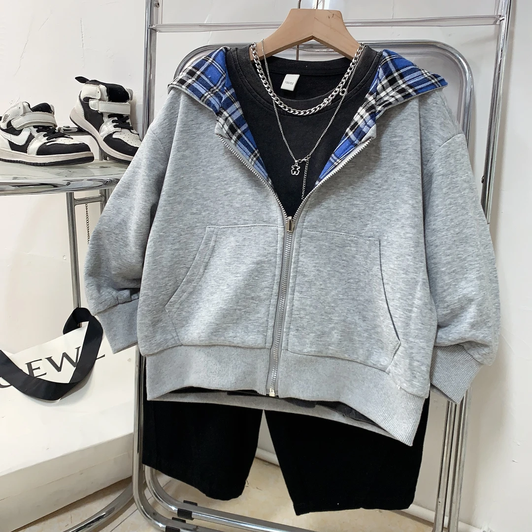 男童双面穿外套男童春秋款韩系帅气连帽外套格子拉链衫休闲外套潮