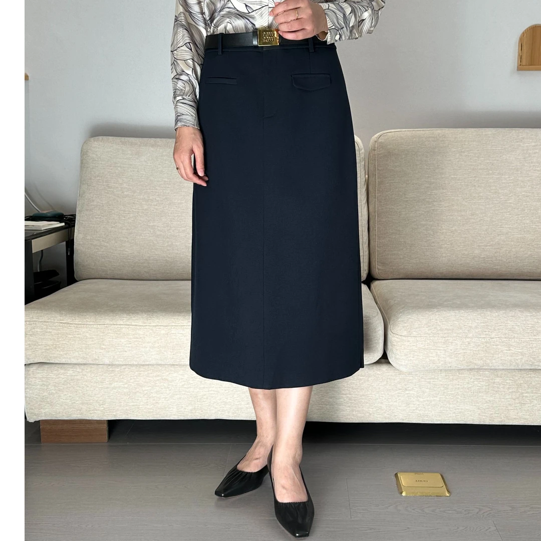 中长裙Miu腰带A字裙铅笔裙女A型半身裙一步裙中长款开叉百搭黑色