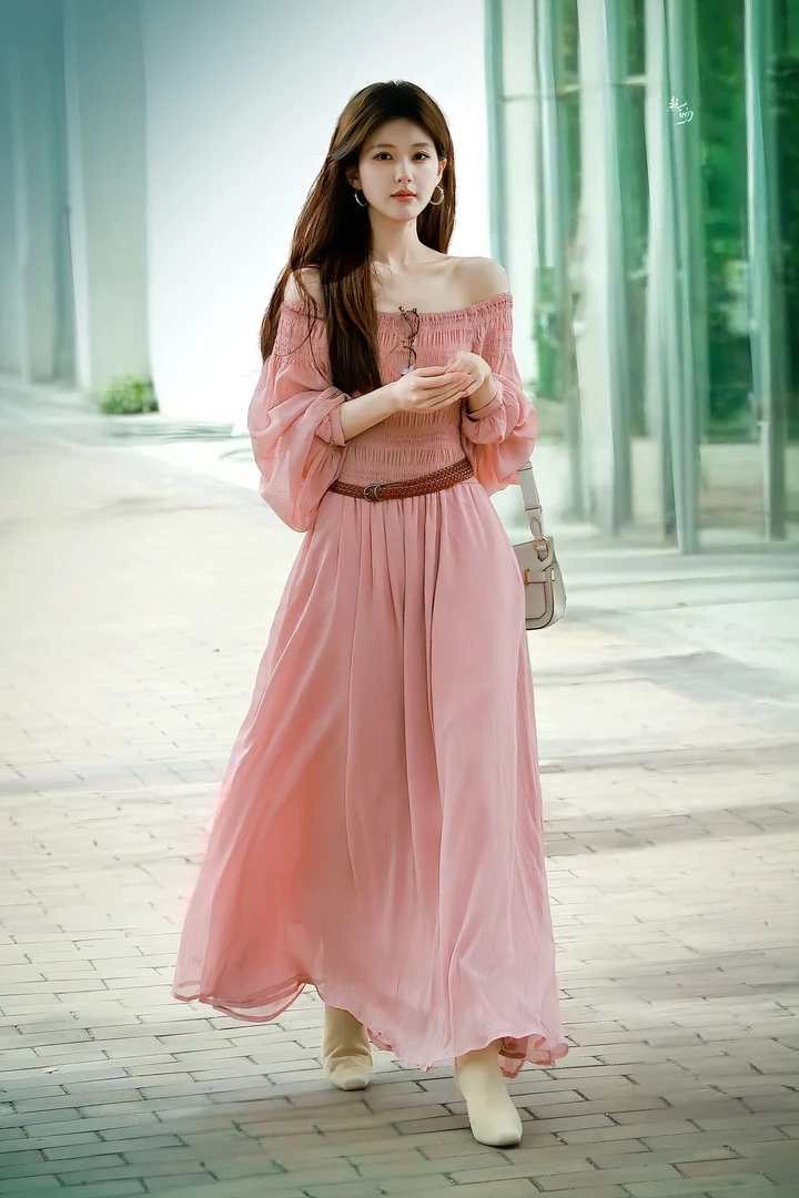 赵露思同款连衣裙女夏法式一字肩高级感抹胸修身绝美明星粉色长裙