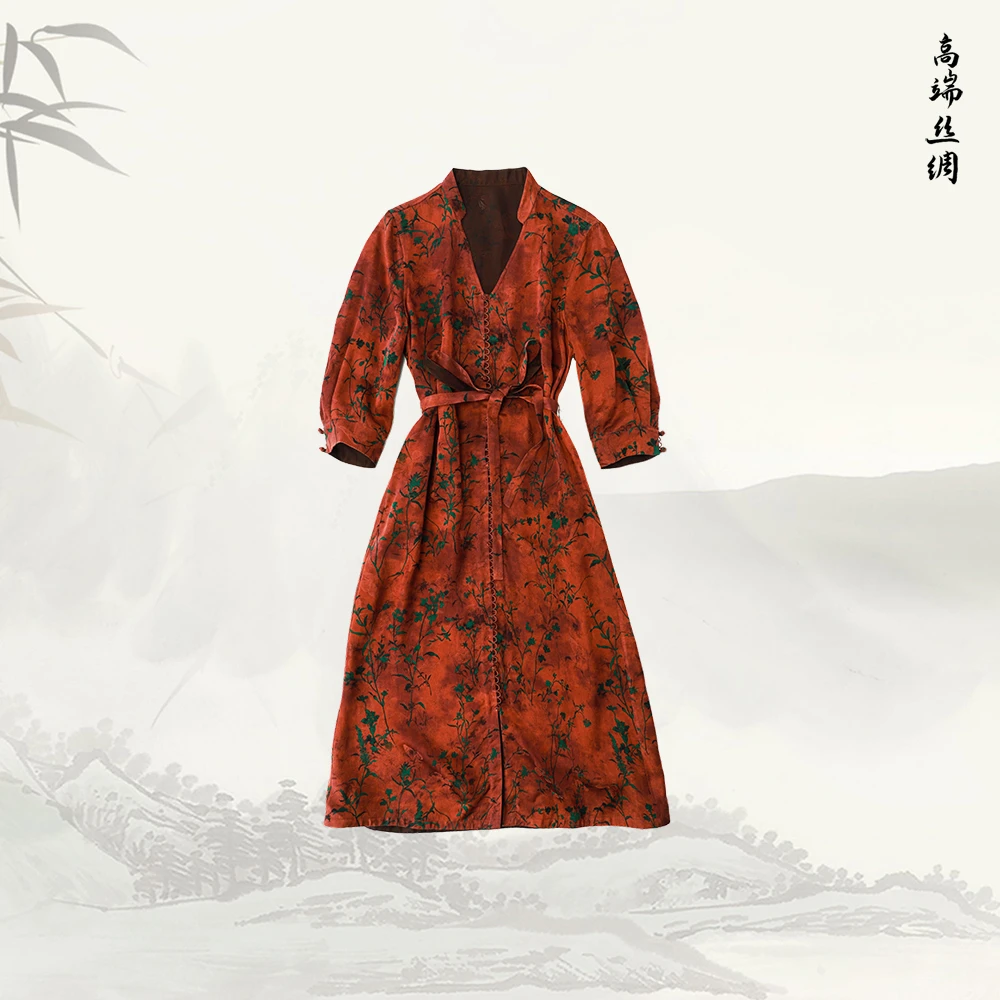 品牌新款复古 V 领系带收腰七分袖植物印花连衣裙529450