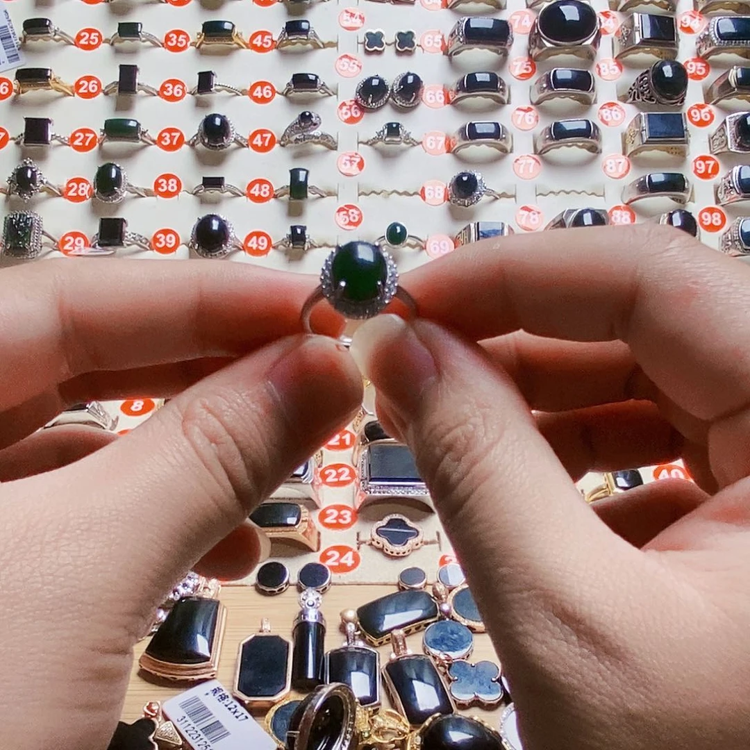 翡翠戒指银S925镶嵌缅甸天然A货墨翠女戒