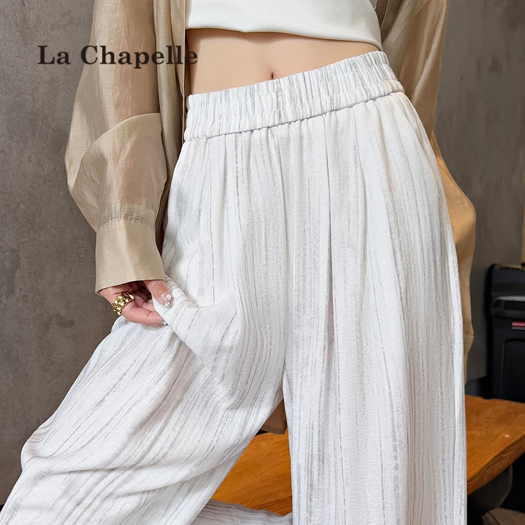 拉夏贝尔2025夏季扎染天丝亚麻阔腿裤女高腰宽松垂感直筒休闲裤子