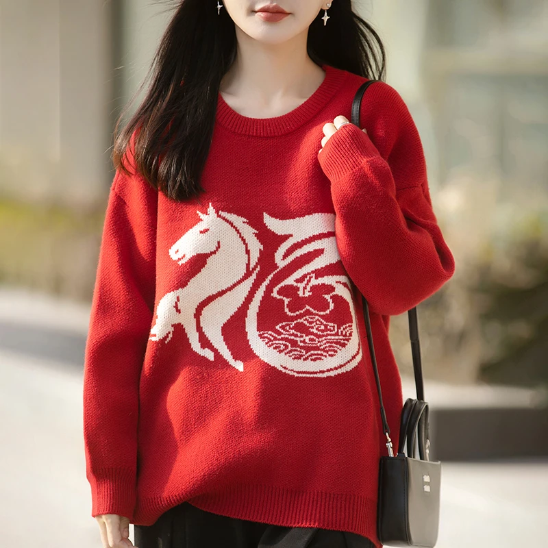 品牌时尚女装圆领新年喜庆慵懒风针织衫宽松套头厚款红色马年毛衣
