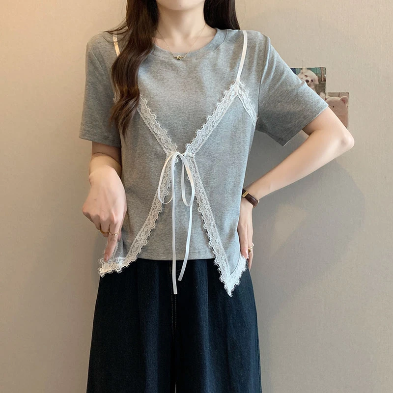 微胖mm大码蕾丝花边吊带假两件短袖T恤女夏季新款别致假两件上衣
