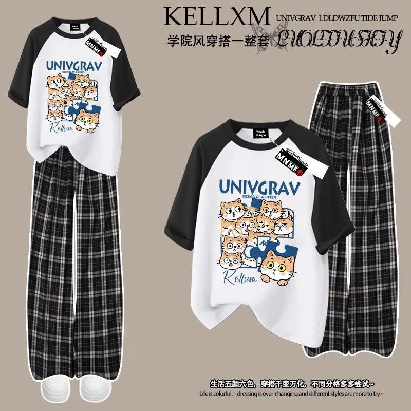 可爱洋气小橘猫印花夏季男女童套装纯棉插肩短袖T恤格子裤学院风