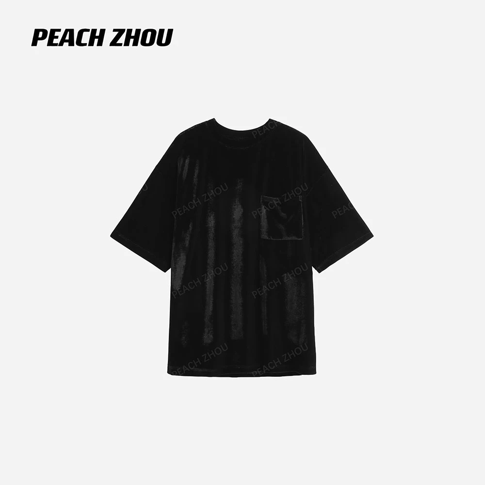 『PEACHZHOU』丝绒贴袋落肩宽松圆领短袖极简休闲贵气老钱高级感T恤