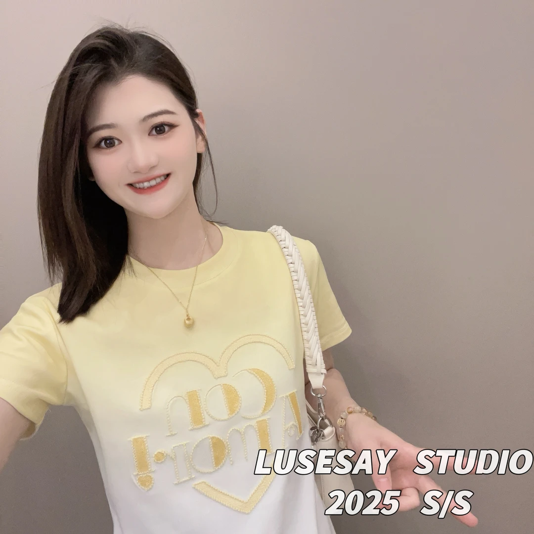 LUSESAY 亮片刺绣渐变晕染 2025夏季新款短袖T恤女百搭显瘦上衣潮