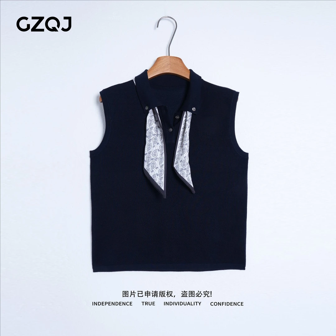 老琴私服【蓝调雅纹】欧若风领结丝巾翻领无袖上衣女夏季背心35056