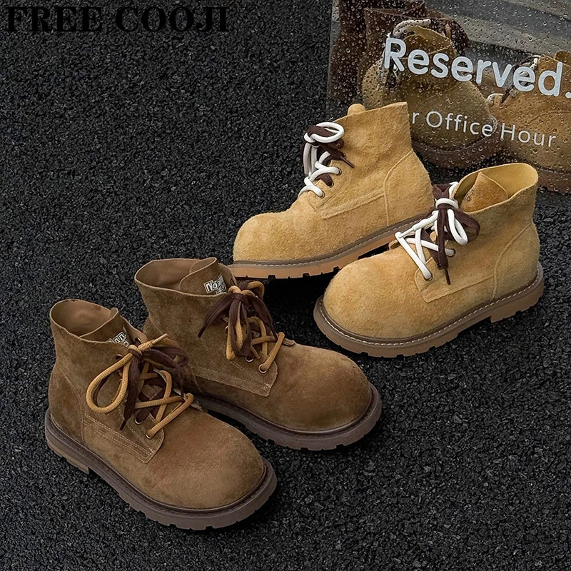 FREE COOJI马丁靴女增高靴2025秋冬新款软皮复古女短靴磨砂工装靴