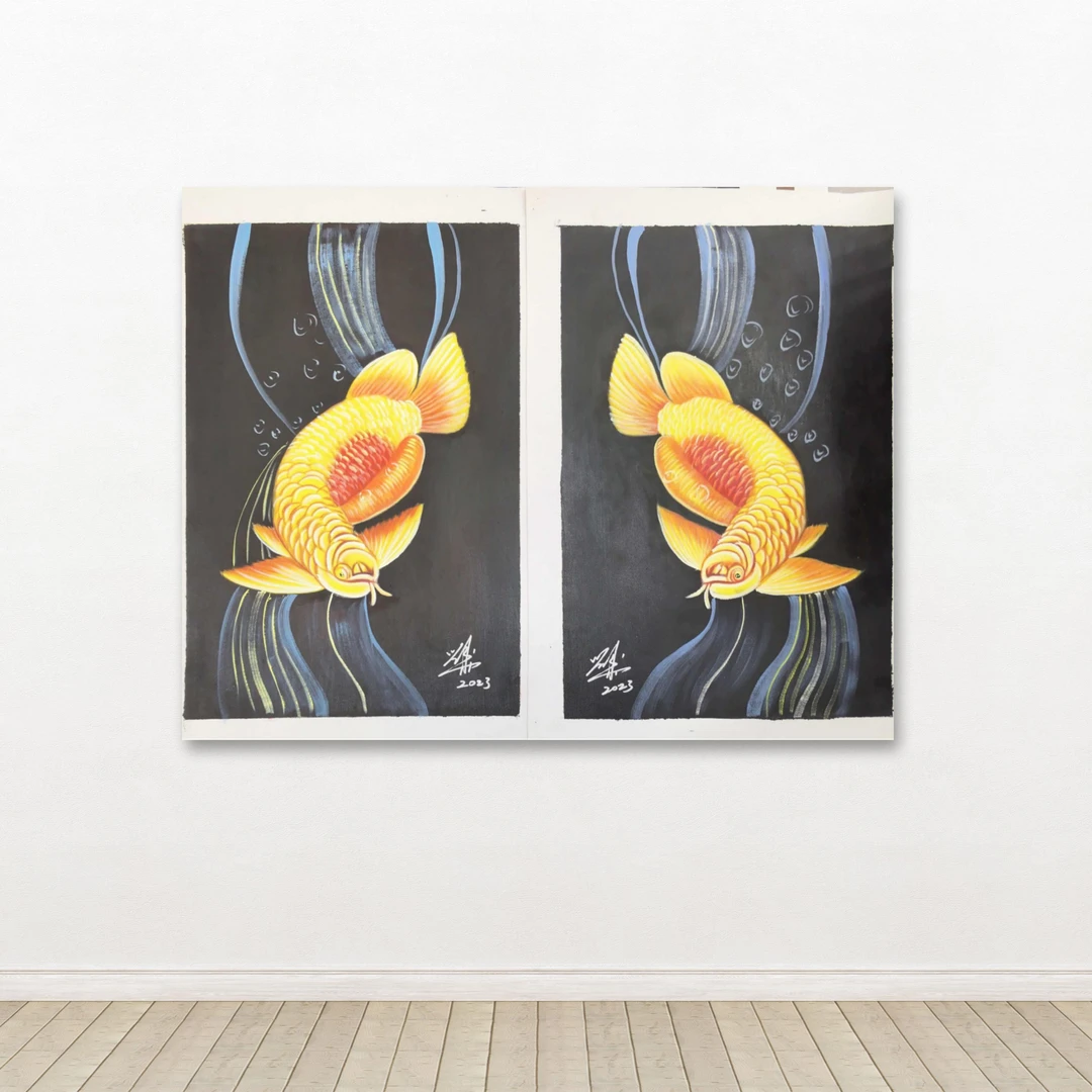 刘用华-手绘油画-金龙鱼（双）-客厅办公室挂画