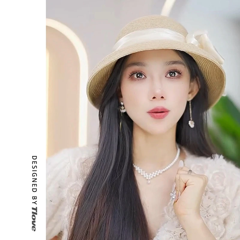 4730夏季出游防晒帽子女士夏季出街大檐帽时尚优雅蝴蝶结渔夫帽