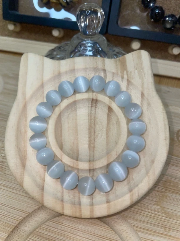 非金属玻璃手链 10mm干净清冷白色猫眼石手串男女同款手围可调节