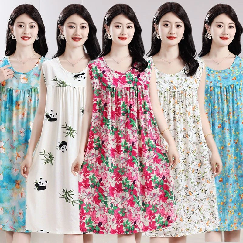 棉绸女睡衣夏季新款棉绸无袖薄款睡裙妈妈睡衣家居服大码中长款