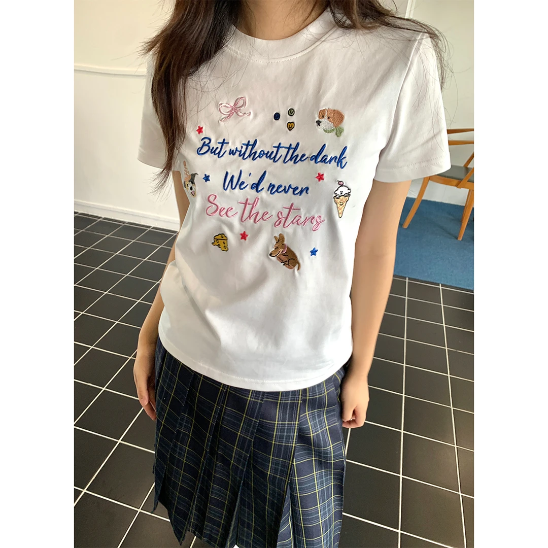 韩系少女时尚百搭短袖正肩T恤字母动物印花童趣减龄显瘦夏季上衣