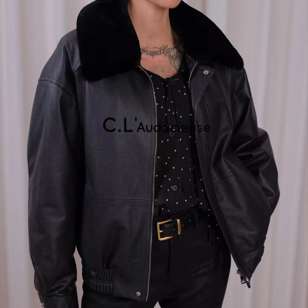 C.L'Audacieuse  秋冬绵羊皮皮衣大毛领羽绒服外套 CL25C553