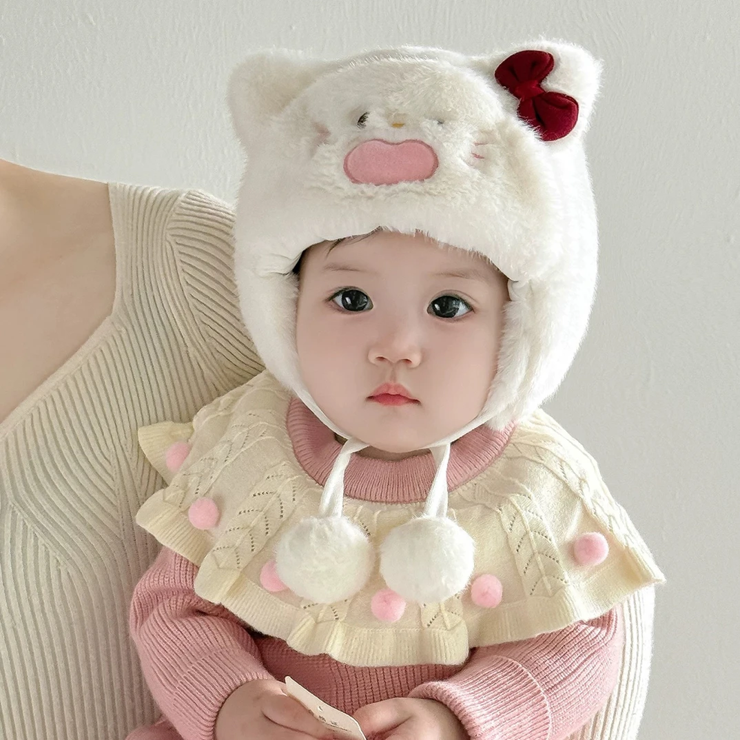 婴幼儿毛绒护耳帽子冬季可爱超萌男女宝宝加厚保暖防风套头帽卡通
