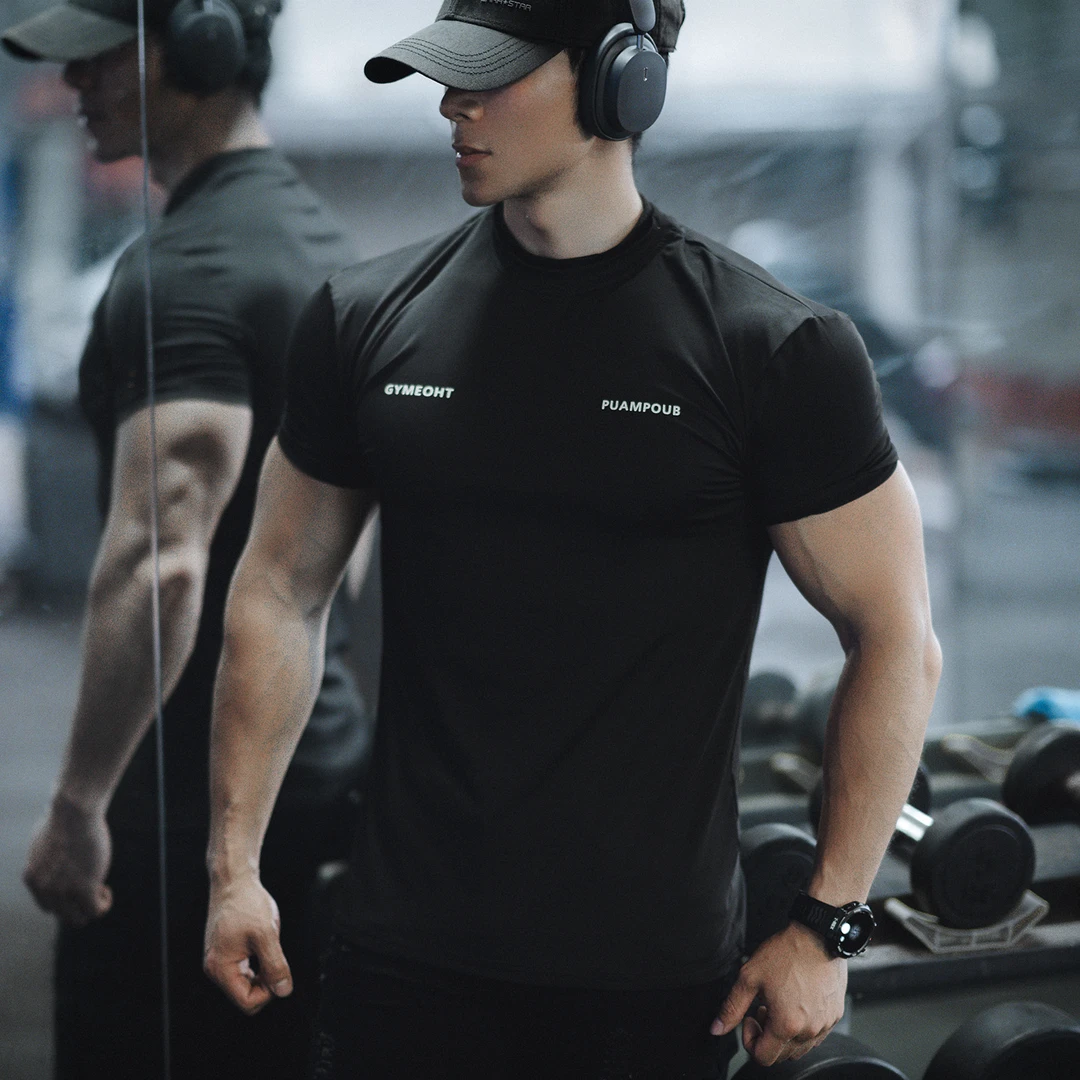 夏季运动短袖t恤户外健身男士修身透气速干收袖口圆领字母双领T恤