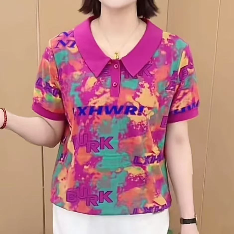 2025夏季新款短袖t恤女娃娃领时尚减龄字母妈妈遮肚上衣