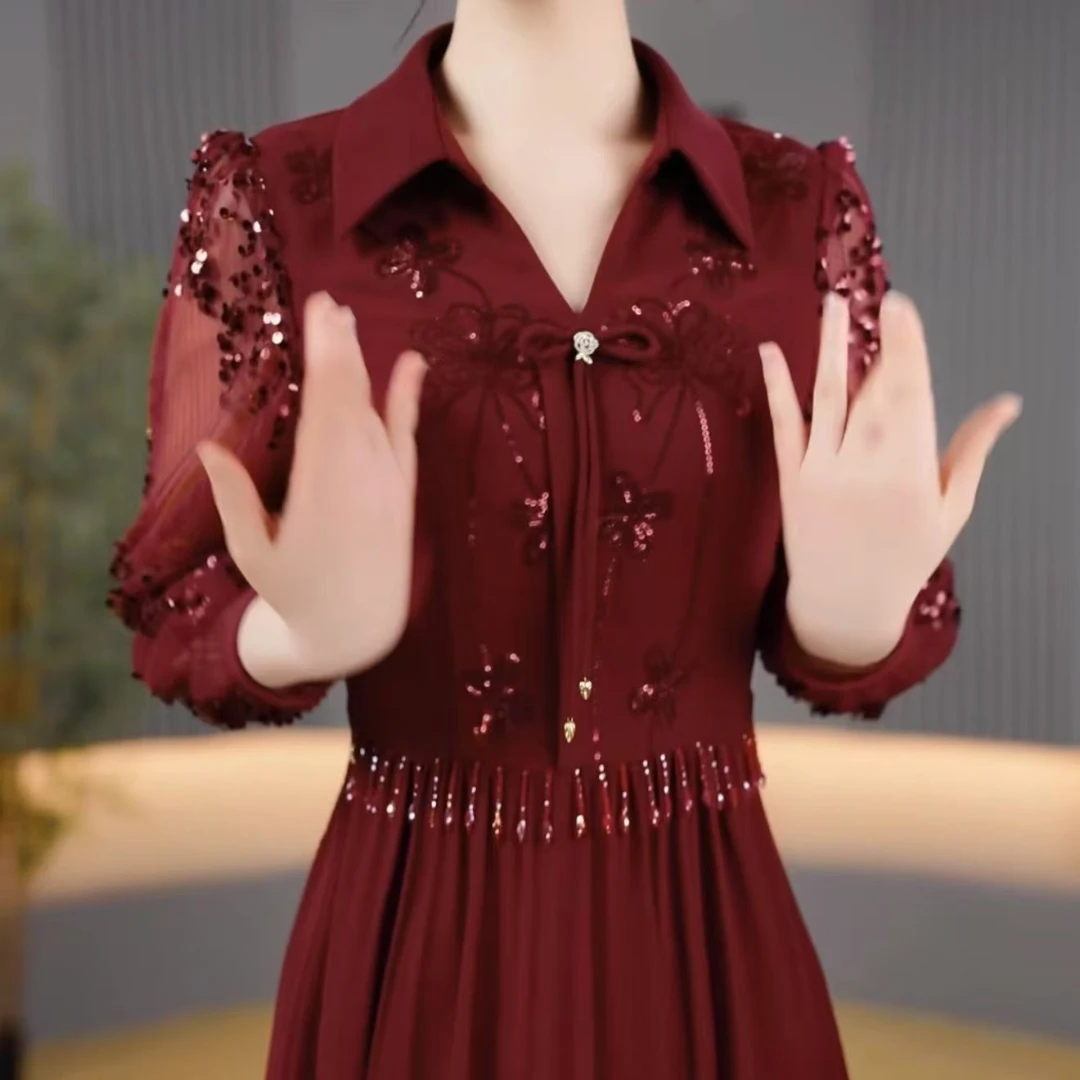 2025年春夏新款大码七分袖连衣裙女气质收腰显瘦中长款亮片a字裙