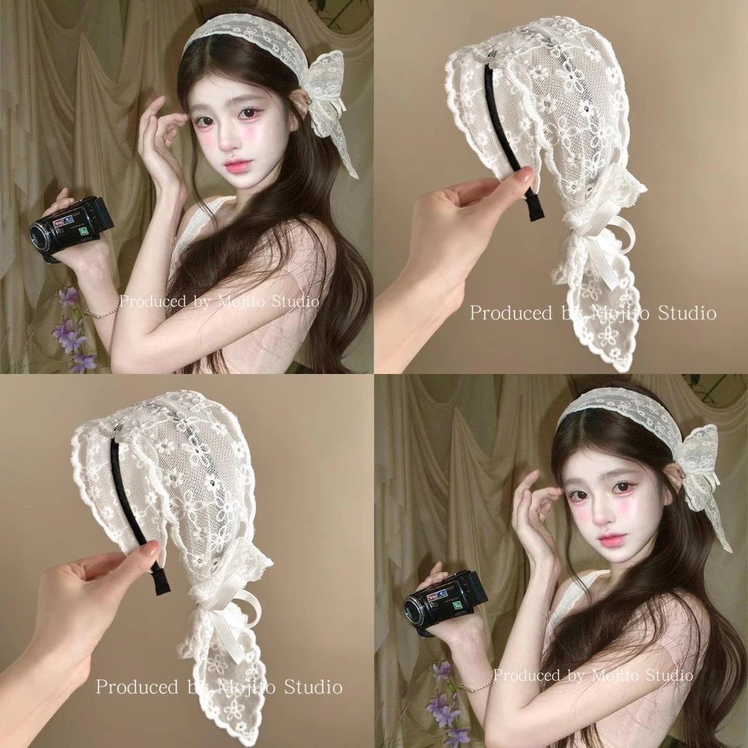 法式庄园~温柔蕾丝镂空蝴蝶结飘带发箍日常外戴百搭气质旅行发箍