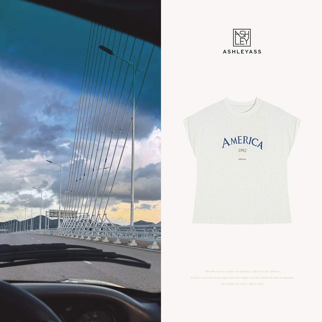 ashleyass“美式复古 T”卷边袖口做旧感字母T恤上衣LSS250790R