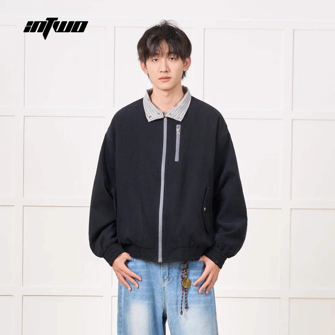 IN TWO/硬涂美式复古简约纯色宝利格撞色立领百搭宽松舒适夹克